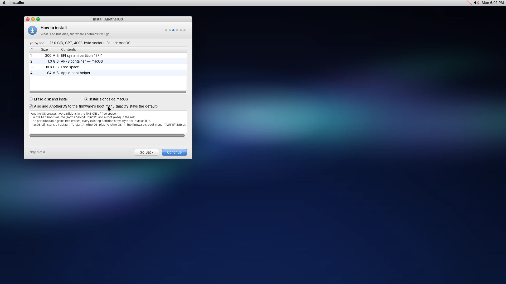 the installer's "install alongside" screen